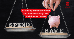 A balance scale with a piggy bank and a relief package, representing the debate on targeted EPF withdrawals in Malaysia.