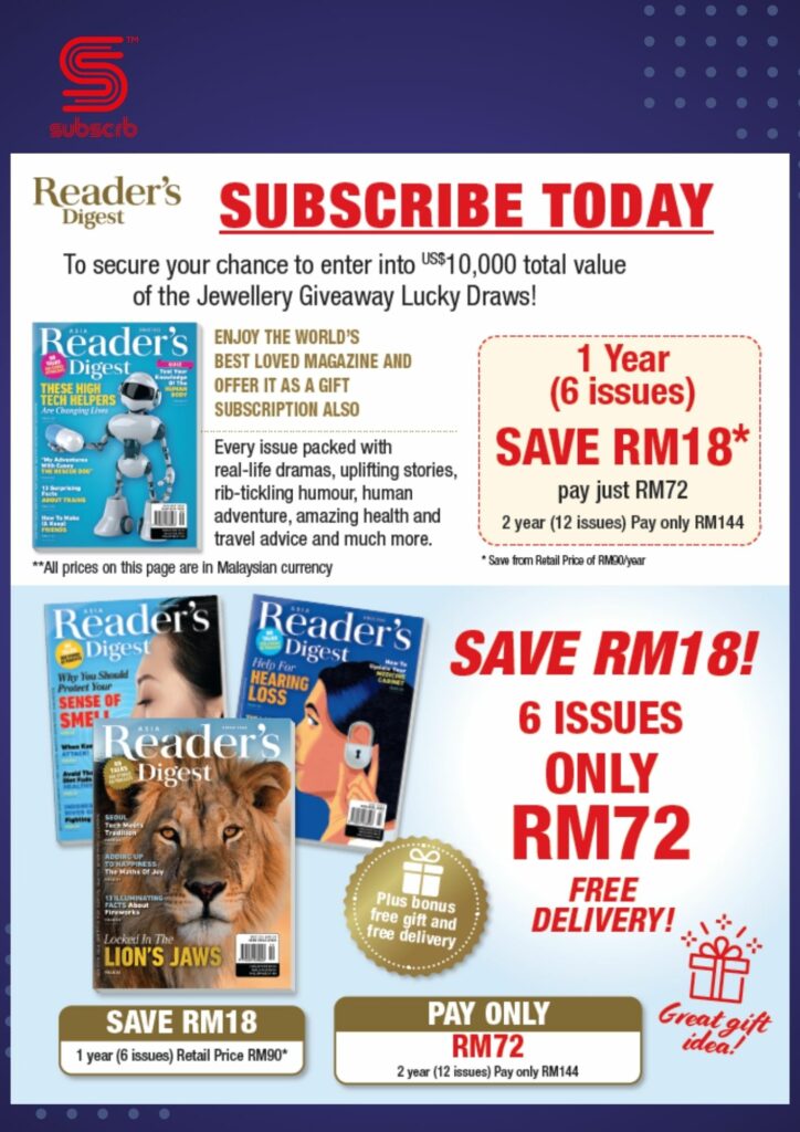 Subscribe Today To Reader's Digest Magazine And Receive A Free Gift! Featuring A Lion And Giraffe On The Flyer.